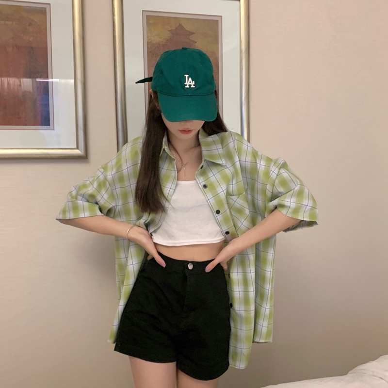 SUXI Áo Sơ Mi Tay Ngắn Dáng Rộng Họa Tiết Sọc Caro Màu Xanh Lá Nhạt Thời Trang Mùa Hè Phong Cách Vintage Cho Nữ