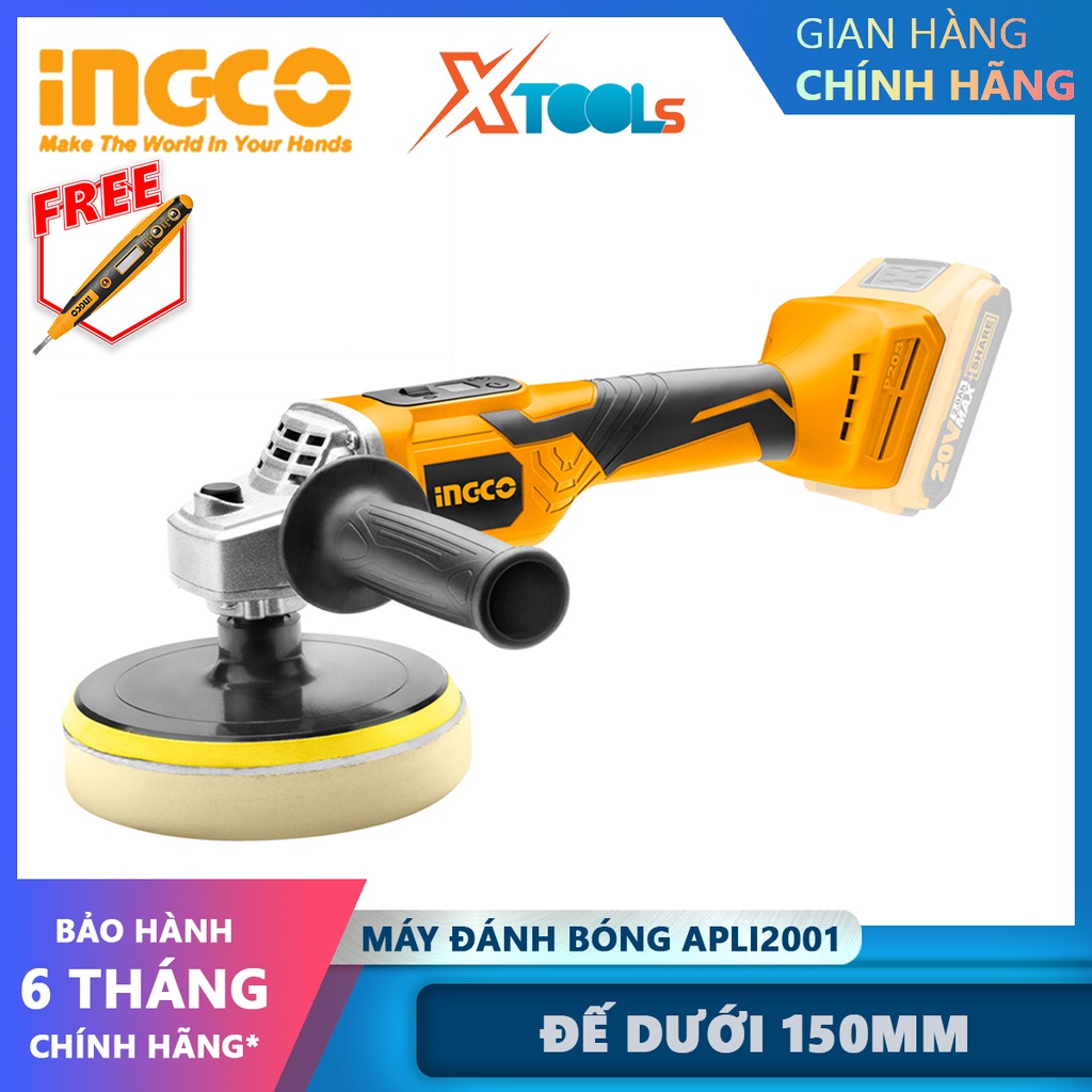 Máy đánh bóng dùng pin INGCO APLI2001 | máy đánh bóng cầm tay 20V, Tốc độ không tải 500-2800/p, Đế dưới 150mm, Không kèm