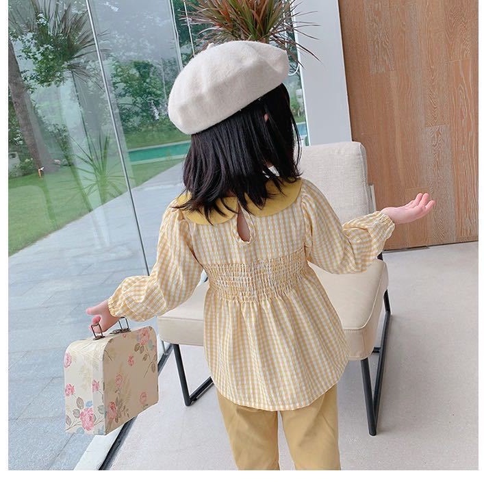 Set áo sơ mi caro dài tay thêu hoa cổ & quần nhiều màu cho bé gái  N00921