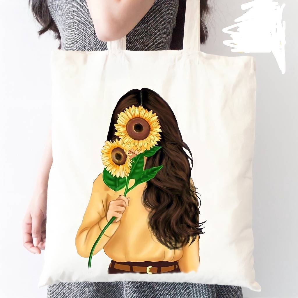 Túi tote túi vải canvas phong cách Hàn Quốc hoạ tiết cô gái và hoa đáng yêu Thanhthushop68 554