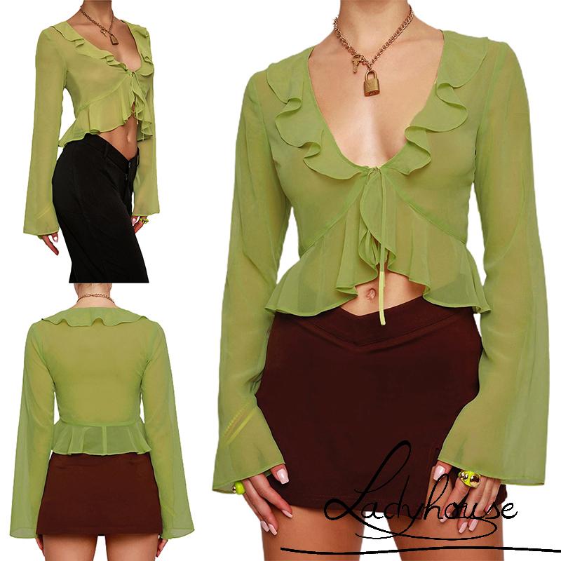 LDD-Women Sheer Crop Tops, Long Flared Sleeve Deep V Neck Pleated Hem Tops for Summer Pub, Women Clothing