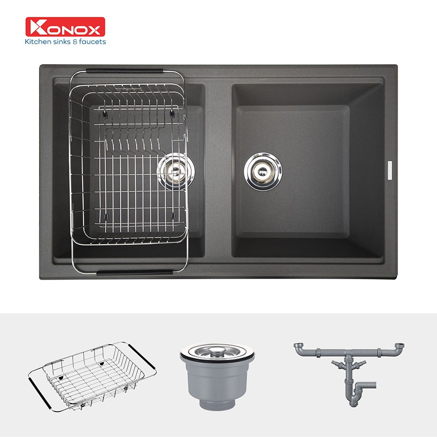 Chậu rửa bát KONOX Granite Series Phoenix 860 Grey, Made in Italy, Full set gồm Siphon + Giá úp bát inox