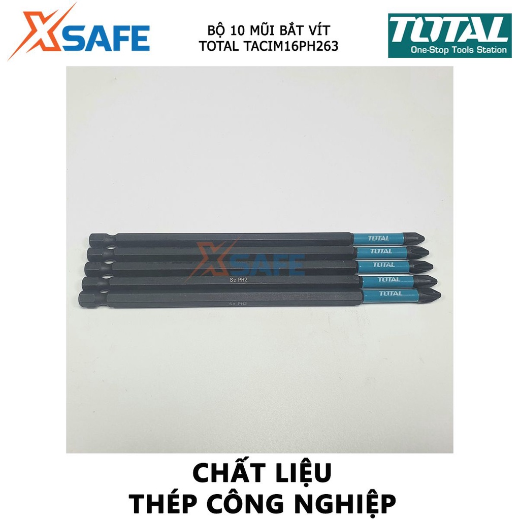Bộ mũi bắt vít có từ TOTAL TACIM16PH263 | bộ 10 mũi siết vít PH2x150mm thép công nghiệp S2, bề mặt đen có nam châm