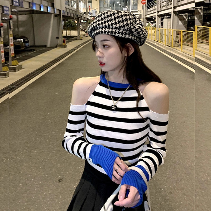 Áo Dệt Kim Trễ Vai Kẻ Sọc Thời Trang Xuân Thu Phong Cách Mới Dành Cho Nữ
