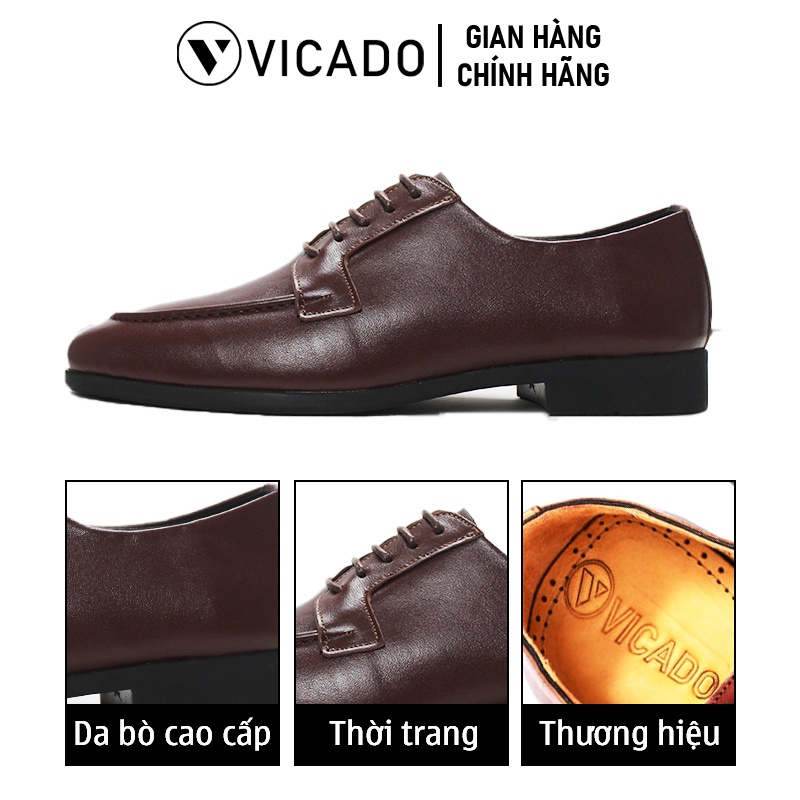 Giày lười nam công sở da bò cao cấp Oxford Vicado VO1110 màu nâu, giày tây nam buộc dây