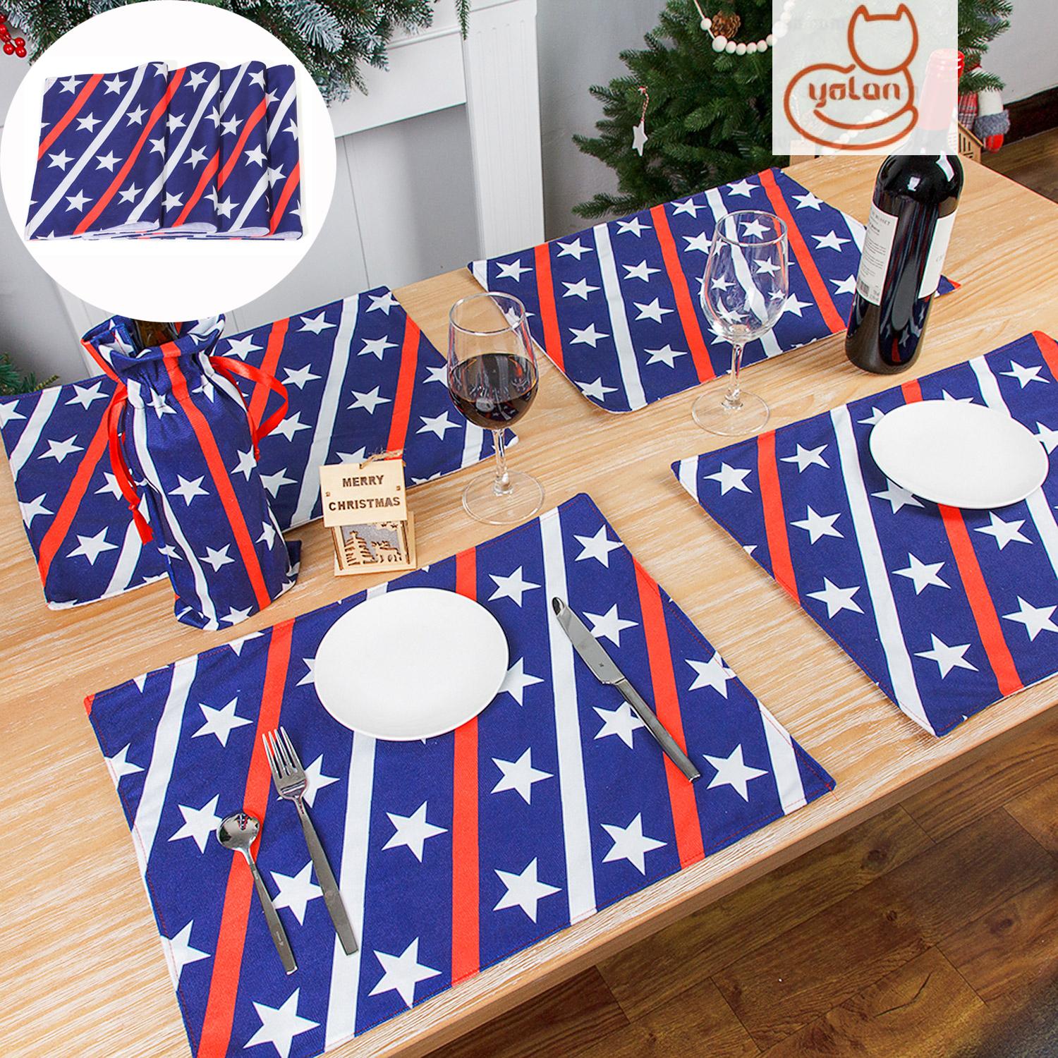 ☆YOLA☆ 4pcs/set Table Decor Independence Day Non-Slip Table Place Mats Placemats Heat-Resistant Kitchen Rectangle Washable American Flag