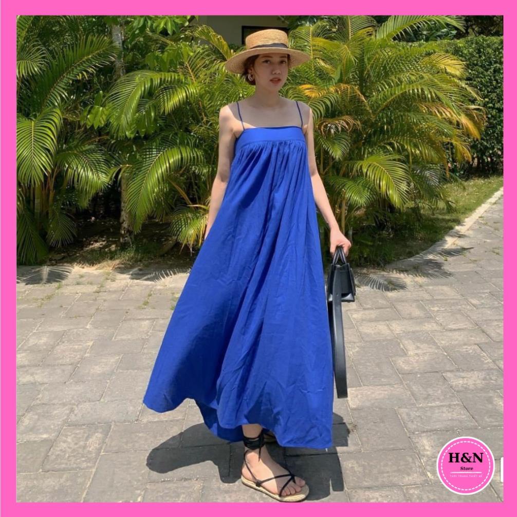Vip Váy maxi 2 dây thiết kế, váy đi biển 2 dây sang chảnh, màu xanh than tôn da - H&N Store