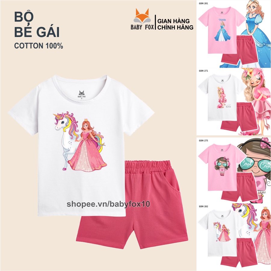 Bộ thun bé gái 100% cotton loại tốt, thương hiệu BABY FOX, in hình công chúa, size nhỏ, trung, đại e