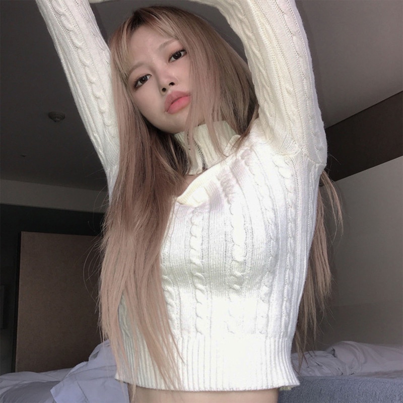 Brroa Áo Crop Top Dệt Kim Tay Dài Cổ Lọ Dây Kéo Rỗng Phía Trước Màu Trơn Gợi Cảm Phong Cách Harajuku Cho Nữ