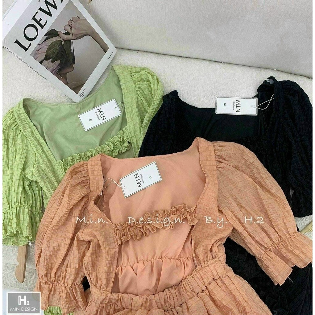 Đầm thời trang nữ mặc đi chơi, Đầm xốp chỉ có lót có mút ngực tay búp lỡ chân váy xoè có tầng ngắn