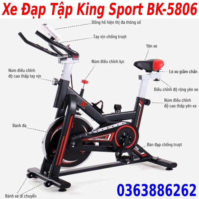 Xe đạp tập gym King Sport BK-5806 tặng má phanh dự phòng + đo nhịp tim + đồng hồ 6 chỉ số + bình nước, bảo hành xe 2 năm