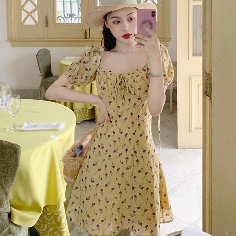 Đầm Tay Ngắn Cổ Vuông Họa Tiết Hoa Xinh Xắn Phong Cách Retro Hàn Quốc