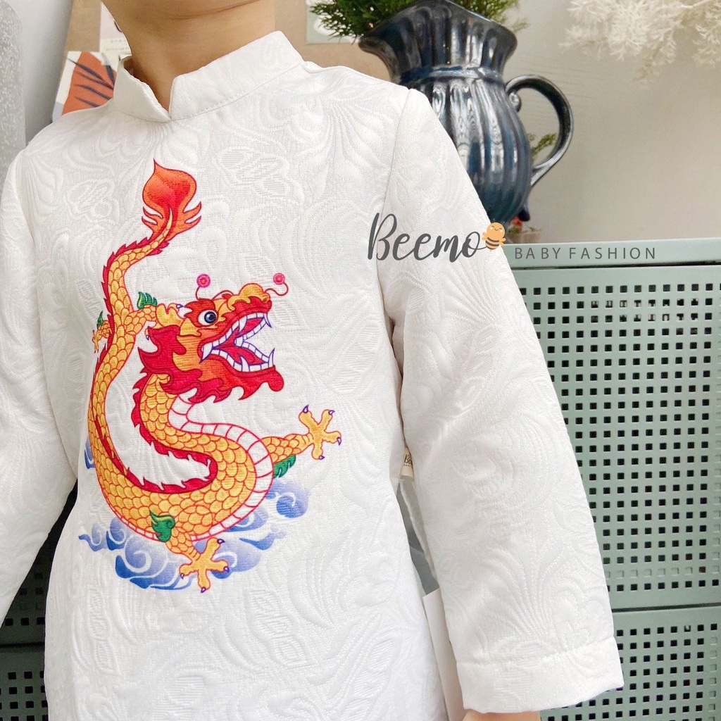 Áo dài bé trai Beemo hoạ tiết Hoàng Long sành điệu, áo dài Tết cho bé trai chất liệu gấm hoa cao cấp