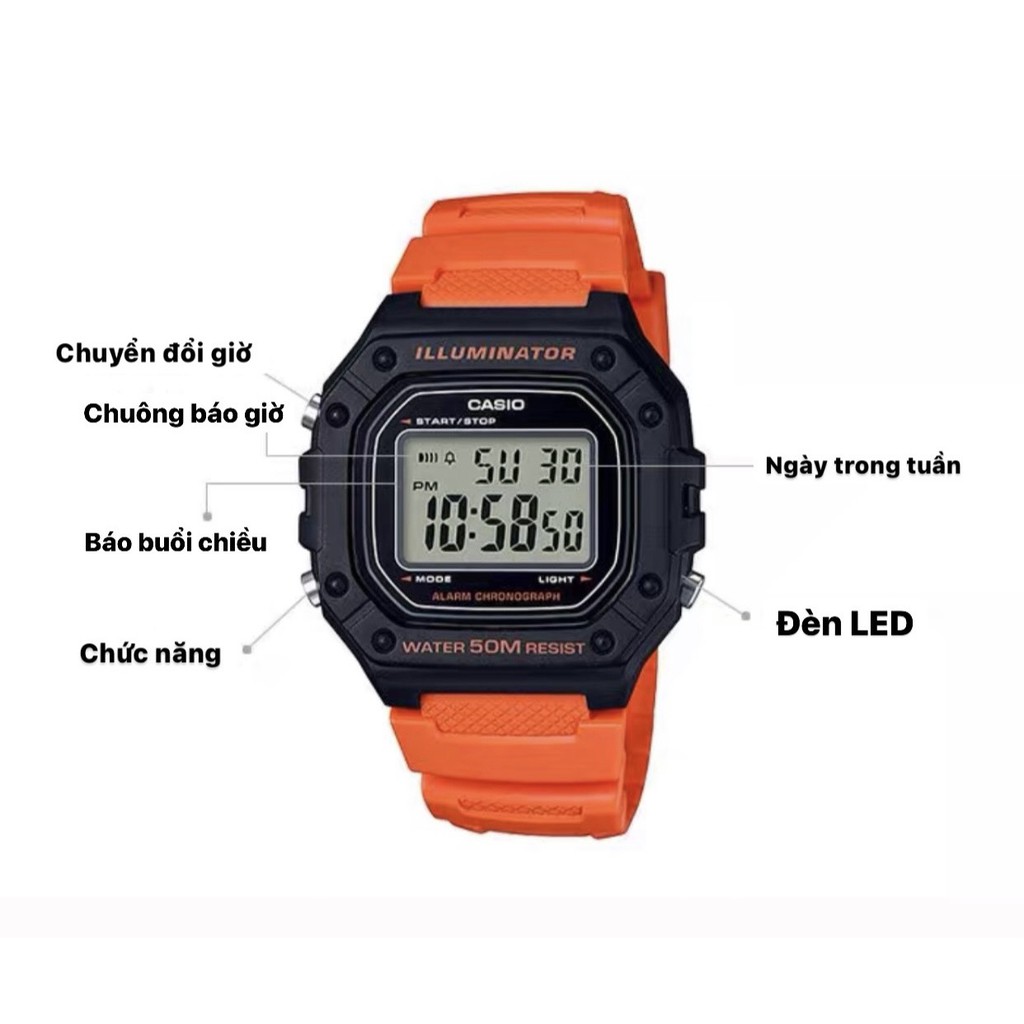 Đồng hồ nam nữ Casio điện tử chính hãng mặt vuông chống nước 3ATM , dây nhựa - đồng hồ W218