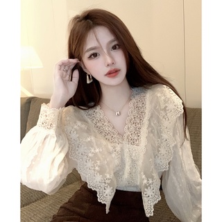 Áo ren cổ chữ V thiết kế mới xinh xắn thời trang theo phong cách pháp