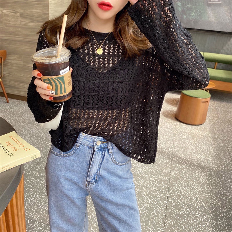 Áo kiểu XINLANYASHE dệt kim mỏng tay dài chống nắng dáng rộng khoét rỗng màu trơn cho nữ