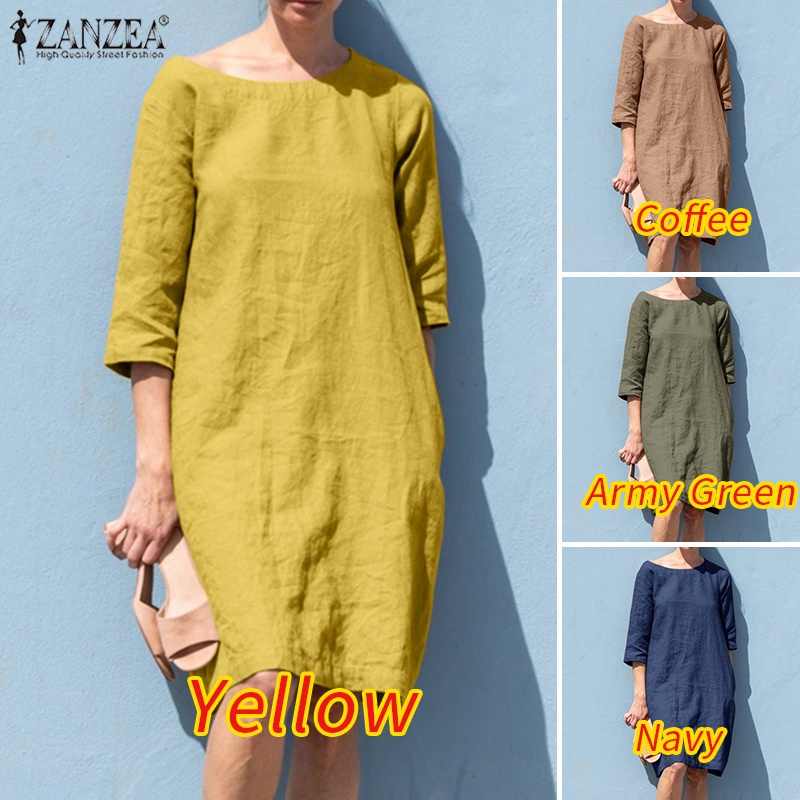 Đầm ZANZEA tay 3/ 4 có túi phong cách châu Âu dành cho nữ tùy chọn màu sắc