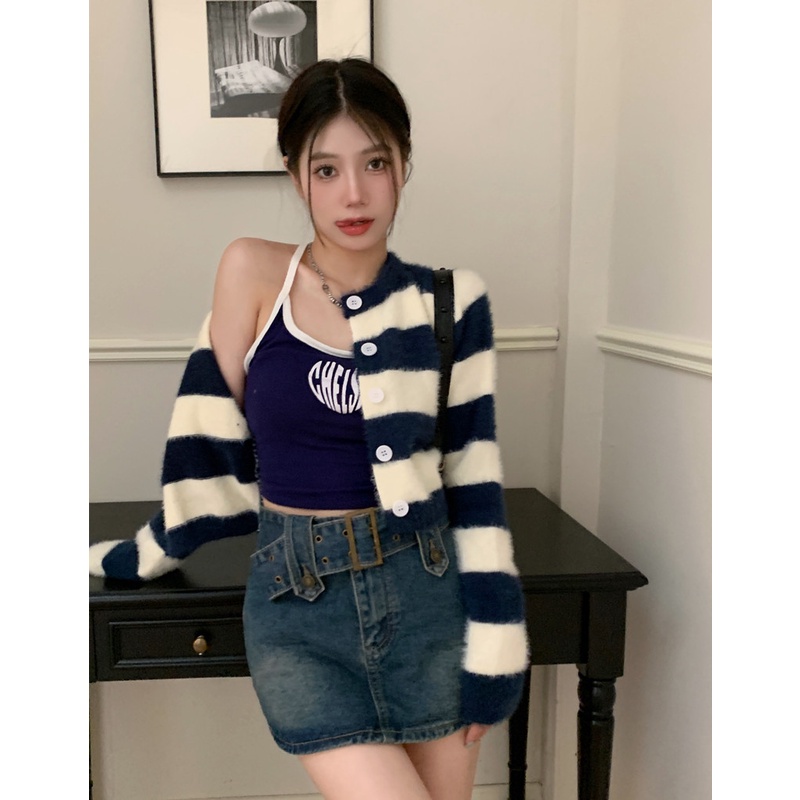 Áo Khoác Cardigan Dệt Kim Dáng Ngắn Họa Tiết Kẻ Sọc Màu Sắc Tương Phản Thời Trang Mùa