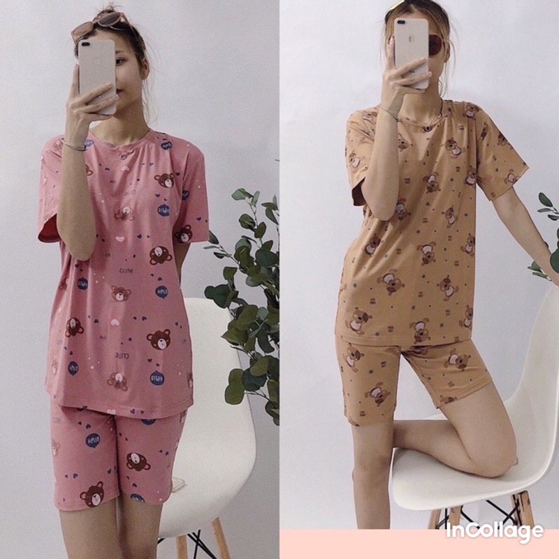 Bộ mặc nhà nữ chất cotton hình gấu kute áo cộc quần đùi ngố( Ảnh thật)