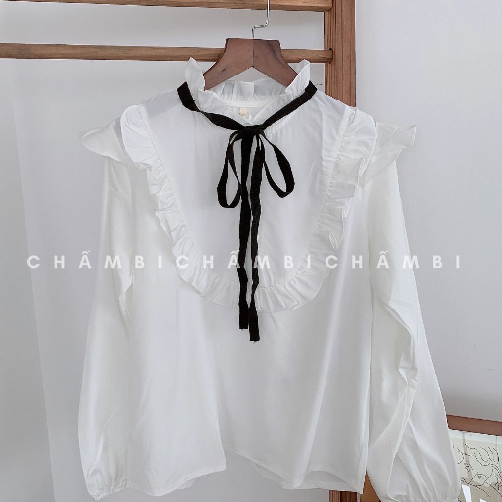 Áo Sơ Mi Babydoll Dài Tay Cổ Bèo Ba Phân Yếm Ngực Thắt Nơ Vải Đen Cực Xinh  -  A.147