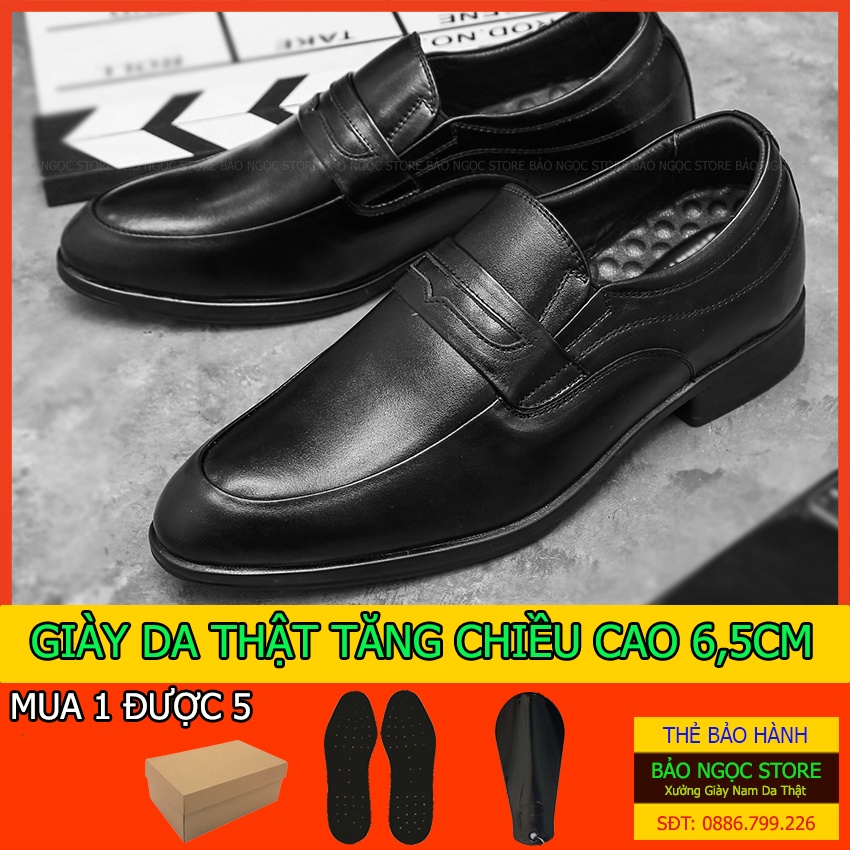Giày tăng chiều cao nam da bò Bảo Ngọc Store - Giày lười nam tăng chiều cao màu đen - Mã TC8856 Đen