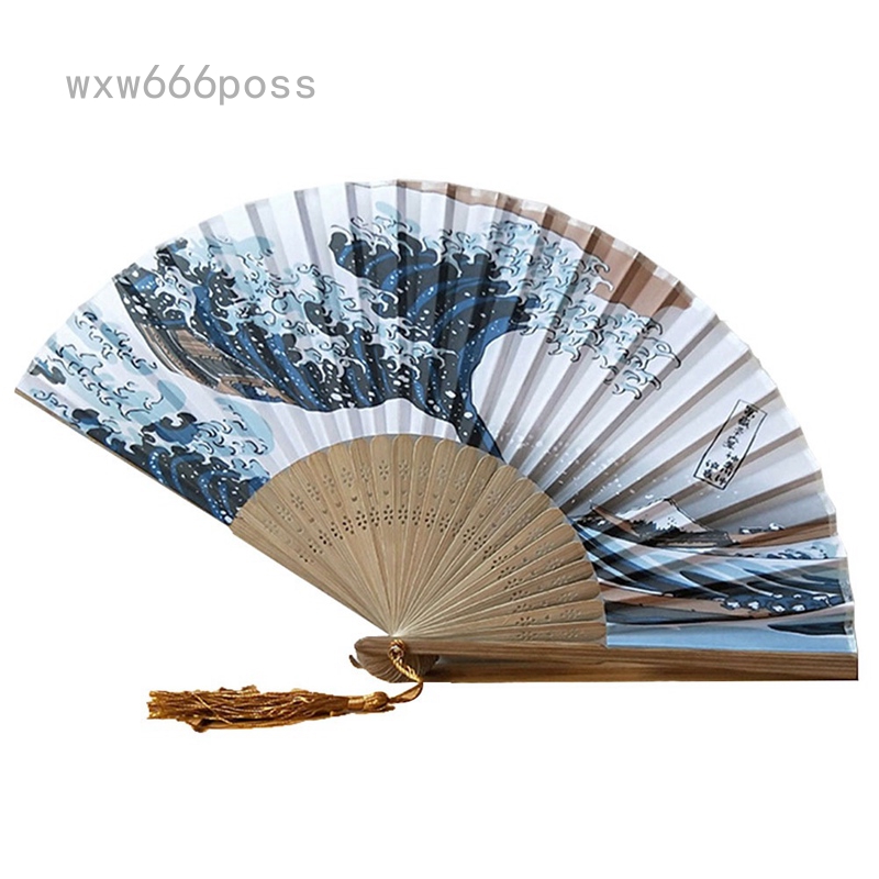 Quạt xếp bỏ túi Tsunami màu xanh dương sóng châu Á Hokusai HAND FAN ART