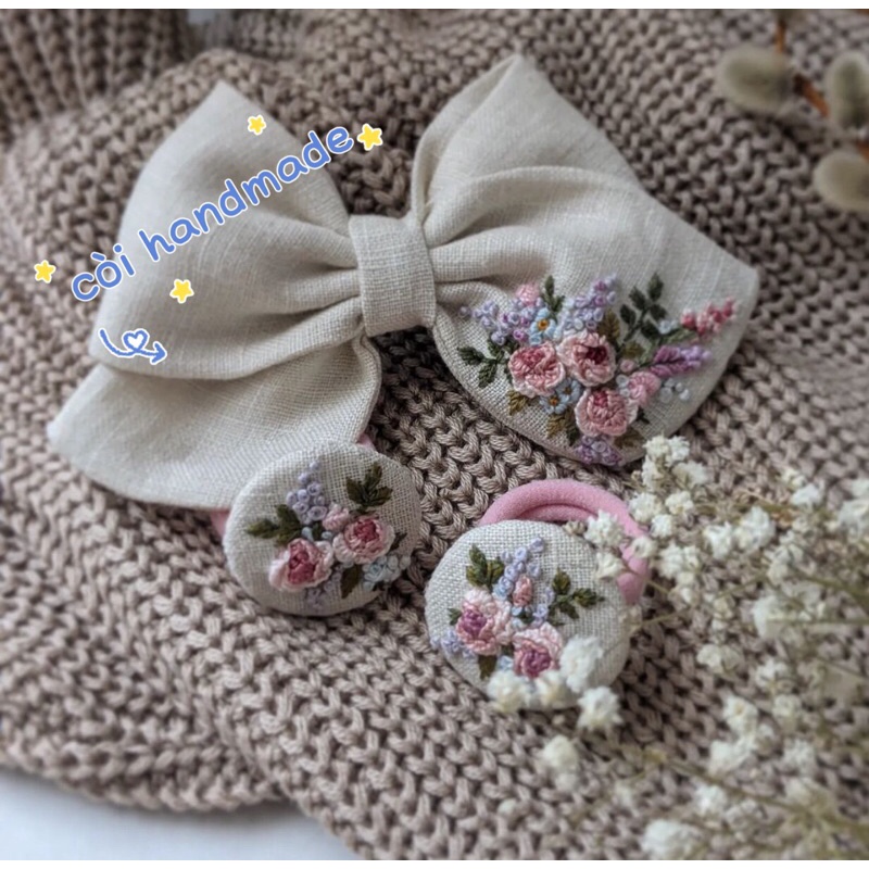 Set Cặp tóc + Nơ thêu handmade