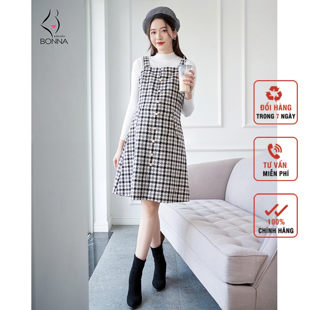 Đầm yếm bầu BONNA chất dạ tweed phối họa tiết kẻ caro thanh lịch, đai điều chỉnh to nhỏ VS062 ( SP KHÔNG KÈM ÁO LEN)