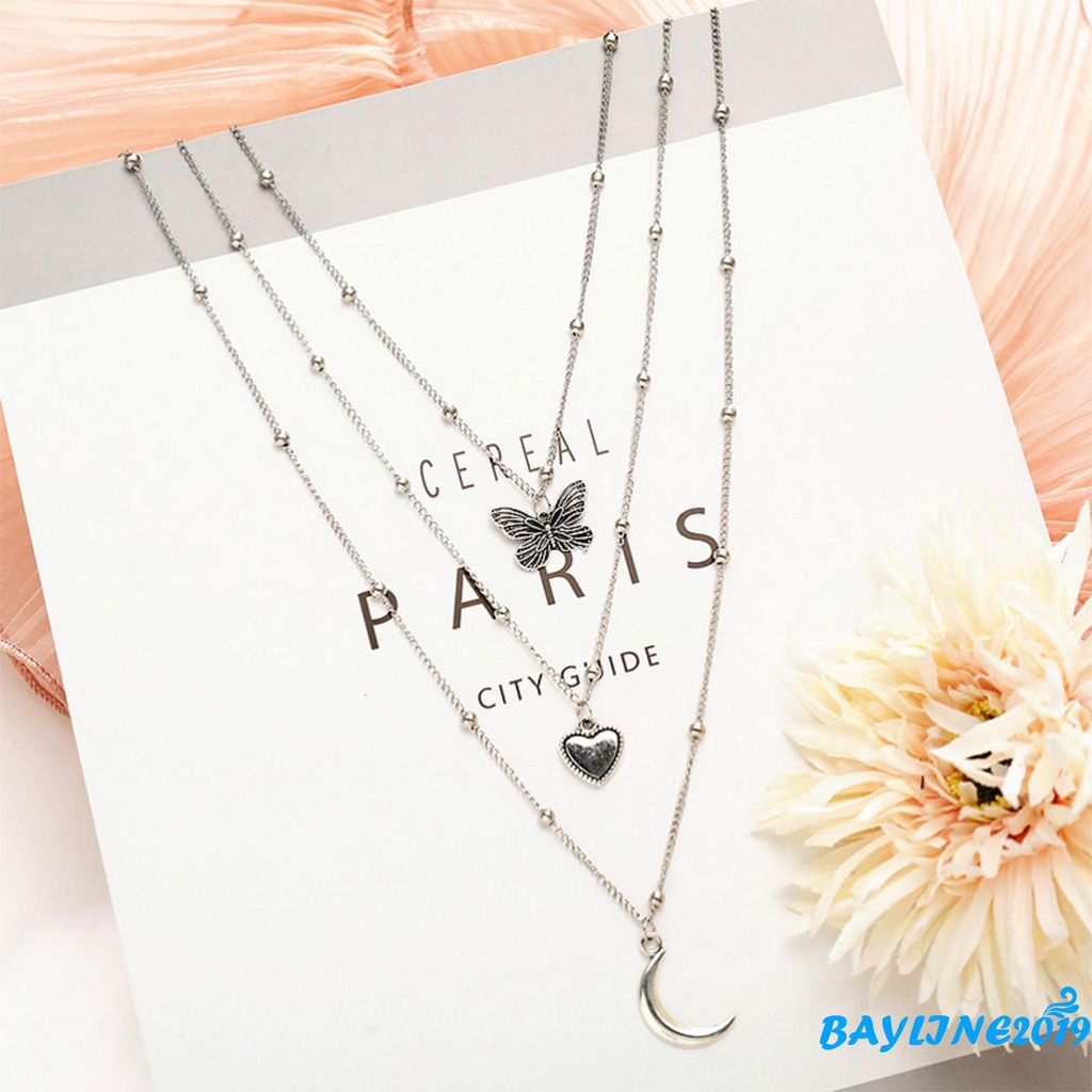 Bộ 3 Vòng cổ hợp kim mặt hình bướm mặt trăng trái tim sáng tạo cho nữ