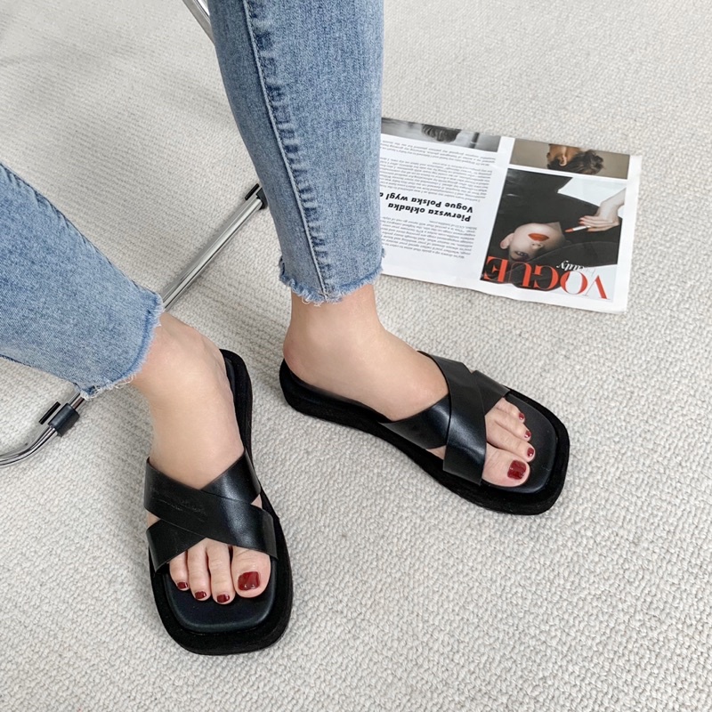 Sorami.Shoes | Dép nữ quai da chéo, dép bánh mì đế 4cm