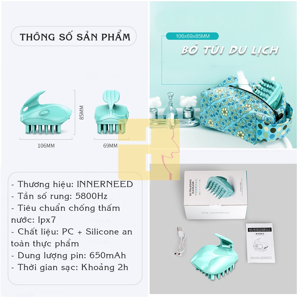 Lược gội đầu silicon rung động sóng âm, Lược matxa đầu chăm sóc tóc &amp; da đầu hiệu quả loại sạch gàu chống rụng tóc