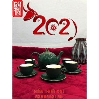Bộ ấm chén sứ cao cấp xanh cổ vịt mạ vàng