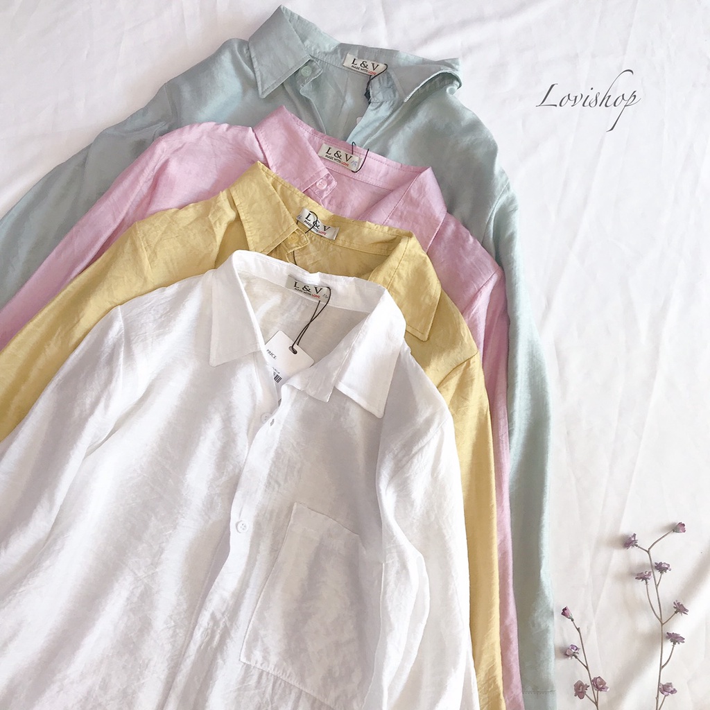 Áo sơ mi trơn tay dài một túi nhiều màu phong cách Hàn Quốc LOVI