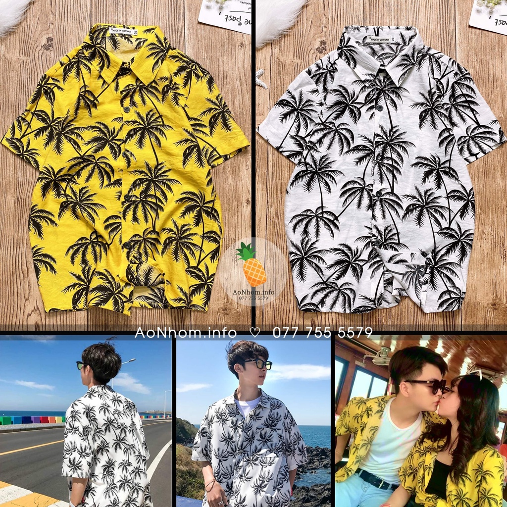 Áo Sơ Mi Hawaii Đi Biển Mềm Mát - Trái Chanh Trắng Đen - Áo Đôi Đồng Phục Nhóm Lớp Team Building Hoạ Tiết Hoa Lá Trái Câ