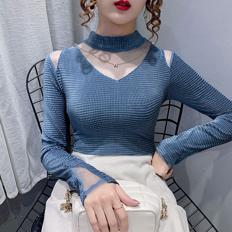 Áo sơ mi cổ thấp nửa cao dành cho phụ nữ mùa thu phong cách mới lưới kết nối dây vải trên cùng với phông kiểu phư