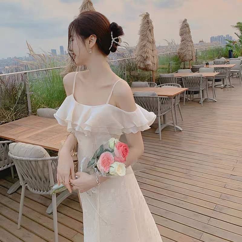 Đầm Midi rớt vai bèo dáng dài tiểu thư hoạ tiết dập nổi quyến rũ, sang trọng - HK18