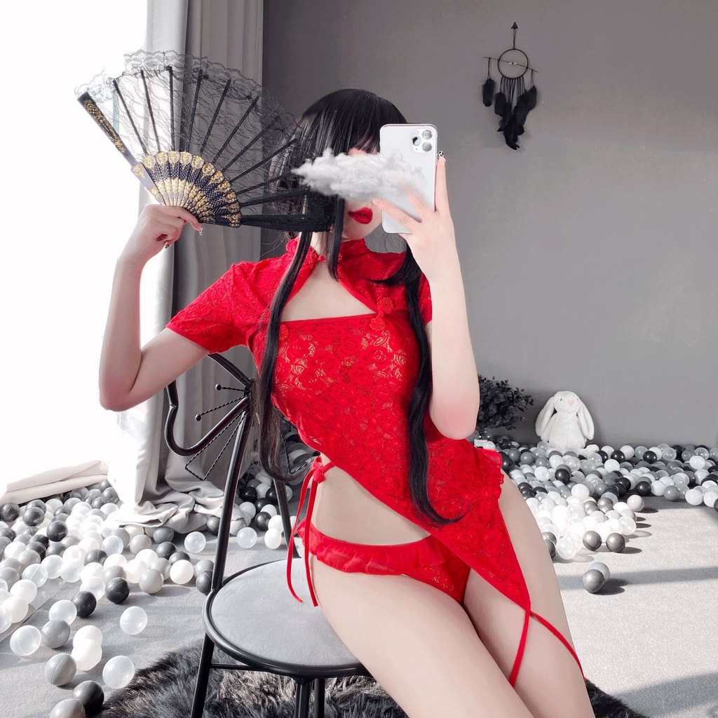 Đồ ngủ sexy QUENQUEN đồ ngủ nữ cosplay sexy sườn xám hoa văn màu trắng freesize a5