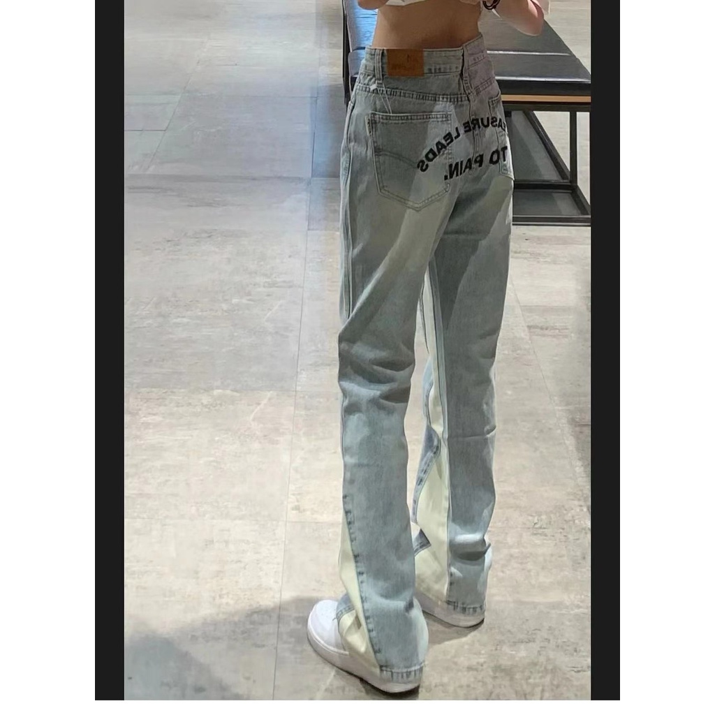 Quần jeans Nữ Lưng Cao Ống Rộng In Chữ Phong Cách retro