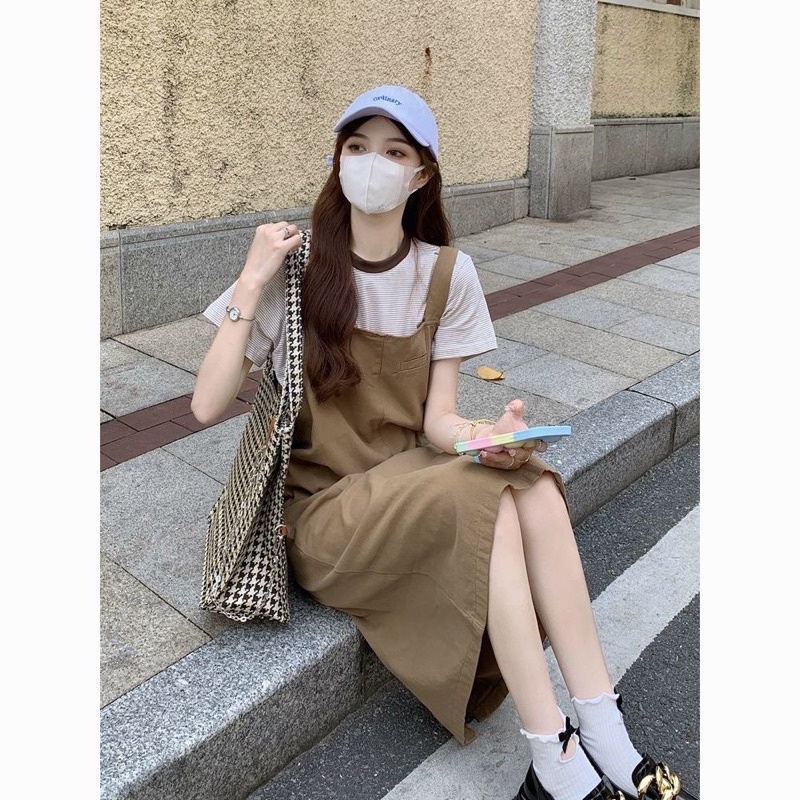 Set váy yếm suông kaki nâu nhạt cho nữ mùa thu