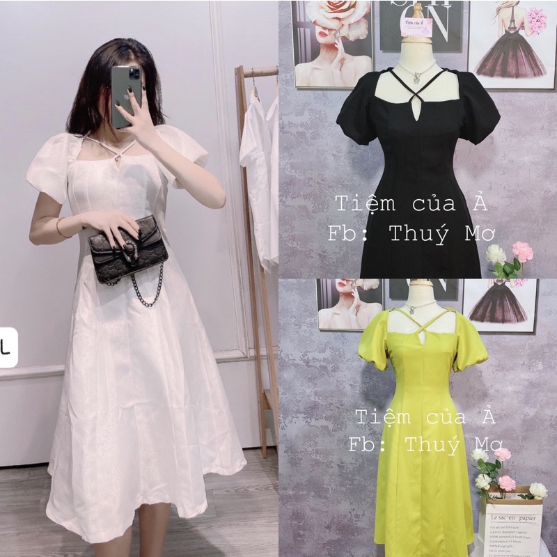 Váy cổ vuông buộc nơ cổ tay bồnh dáng dài kèm ẢNH THẬT SHOP QUAY CHỤP_Tiệm của Ả