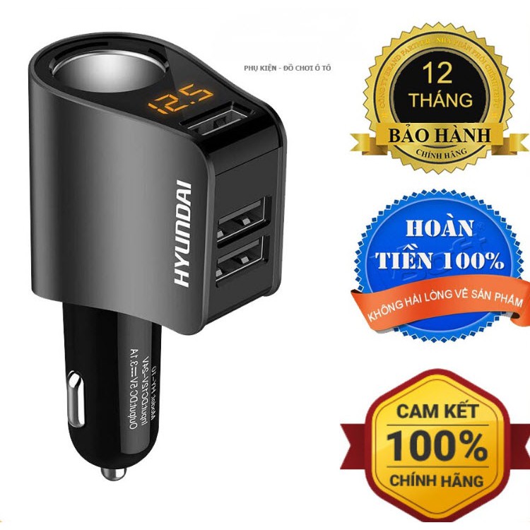 Tẩu Sạc ô tô, xe hơi Hyundai 1 Tẩu Tròn (3 USB Nhỏ) - Có đèn led báo điện áp ắc quy