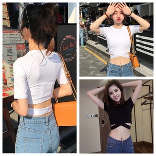 Áo crop top tay ngắn cổ chữ O thiết kế màu trơn trẻ trung dành cho nữ