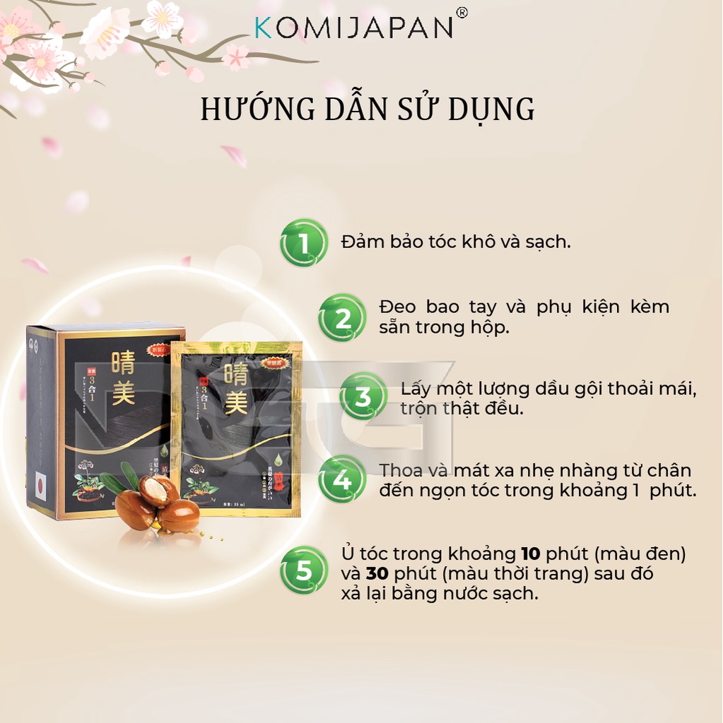 Dầu gội phủ bạc Komi Nhật Bản nhuộm tóc thảo dược màu nâu đen gói lẻ 25ml / 75ml / 105ml