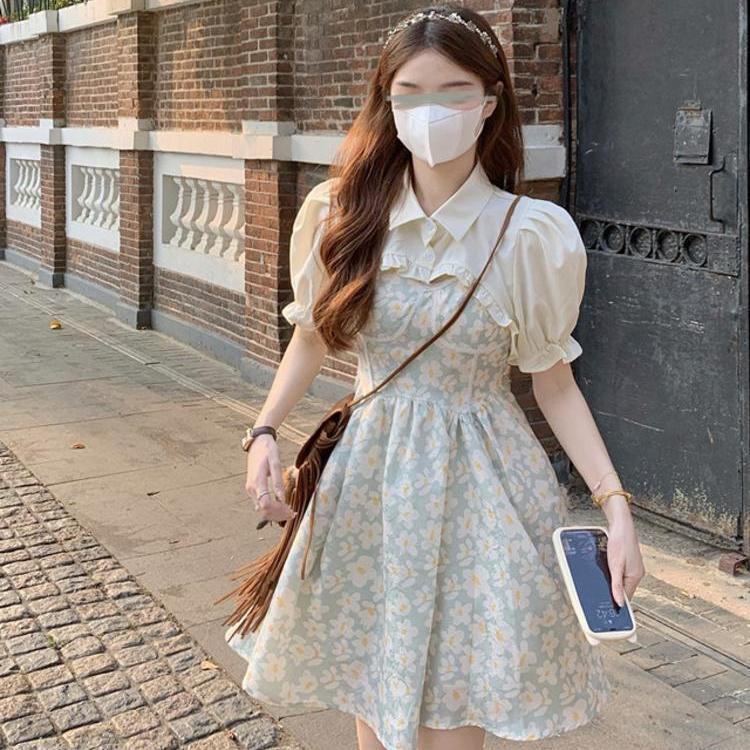 Bộ Áo Khoác Tay Phồng Ngắn + Đầm Hai Dây Ôm Eo In Họa Tiết Hoa Nhí Xinh Xắn Thời Trang Cho Nữ