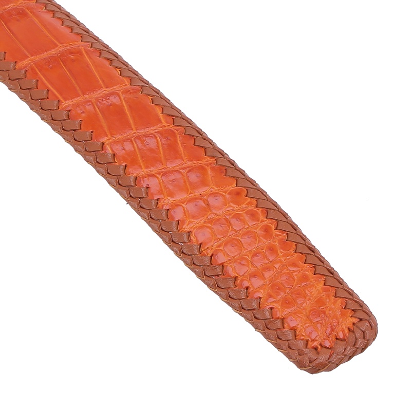 Dây nịt nam da cá sấu Huy Hoàng đan viền 3,5P đầu kim màu vàng bò HP4279