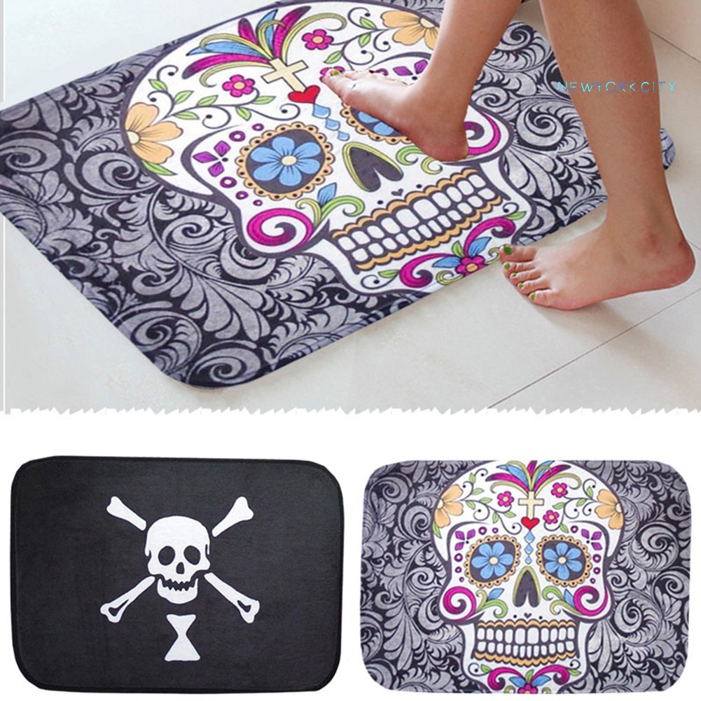 Thảm Chùi Chân Chống Trượt Họa Tiết Đầu Lâu Và Hoa Độc Đáo Kích Thước 40X60Cm