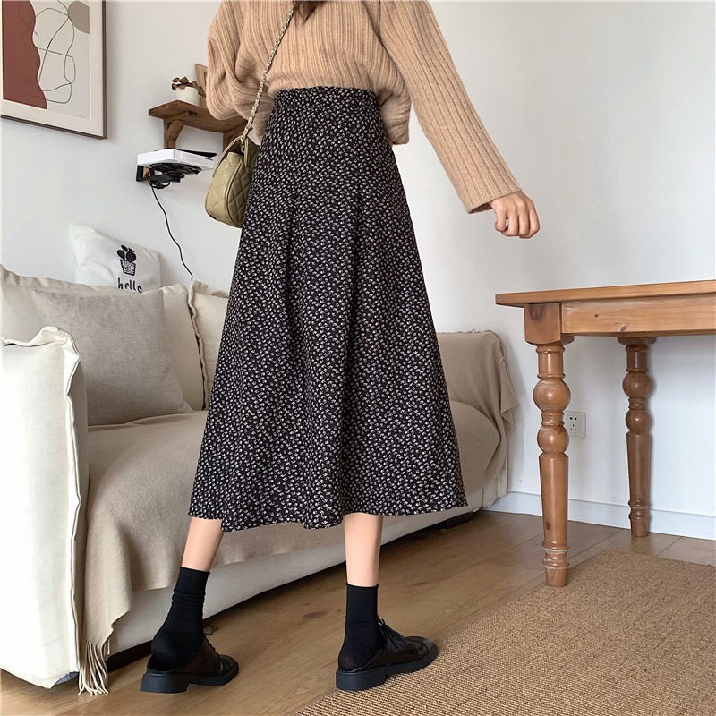 Chân váy hoa nhí xếp li lưng cao phong cách retro Hàn Quốc ulzzang