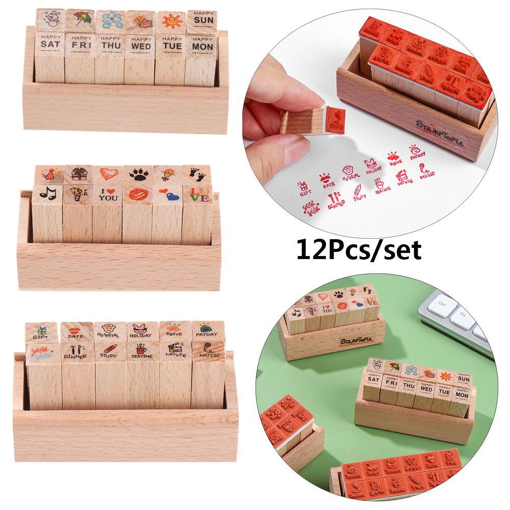 Bộ 12 Con Dấu Bằng Gỗ Dùng Trang Trí Sổ Tay DIY