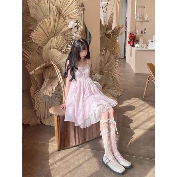 Váy hai dây xòe  babydoll công chúa màu hồng trắng oder taobao