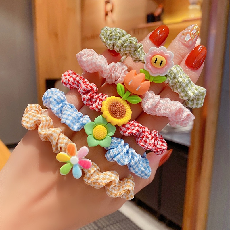 Set 5 Dây Buộc Tóc Họa Tiết Caro Dễ Thương Cho Bé Gái